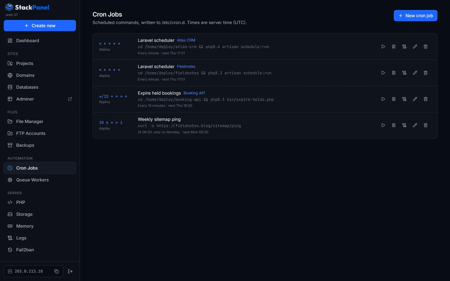 Cron jobs with their schedule in plain English and the next run