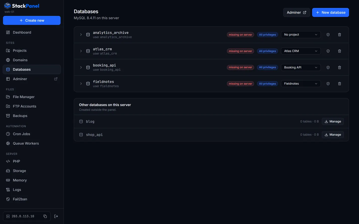 Databases managed by the panel, with their users and linked projects