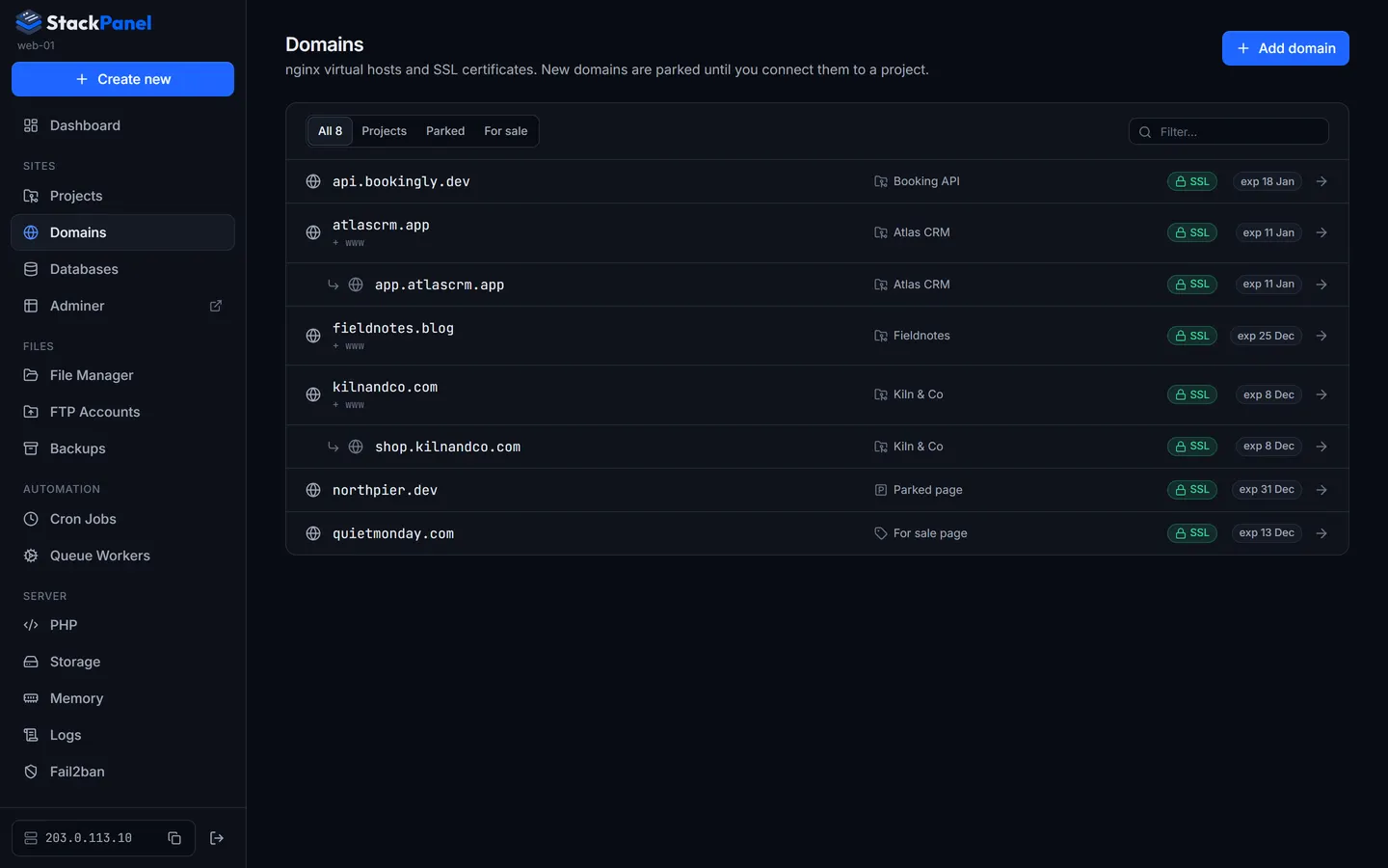 The domains list in StackPanel