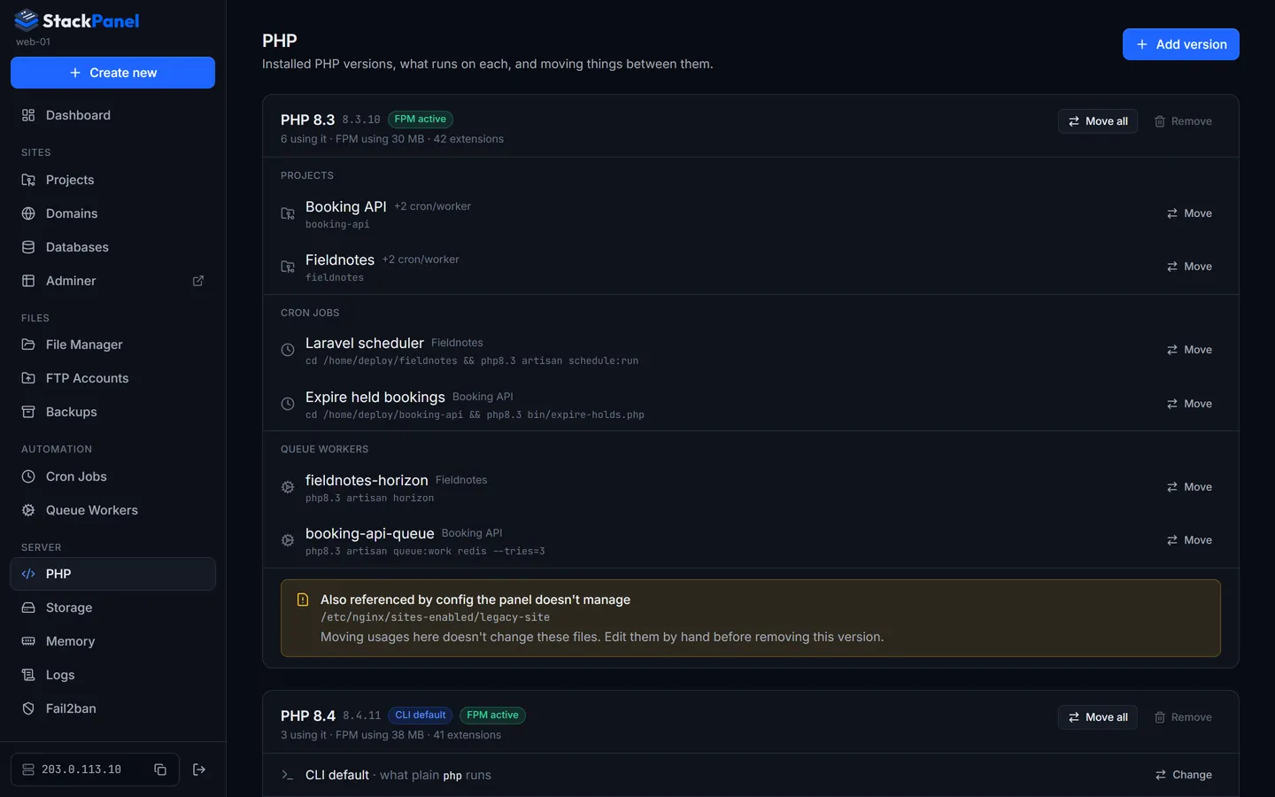 PHP versions and their usages in StackPanel