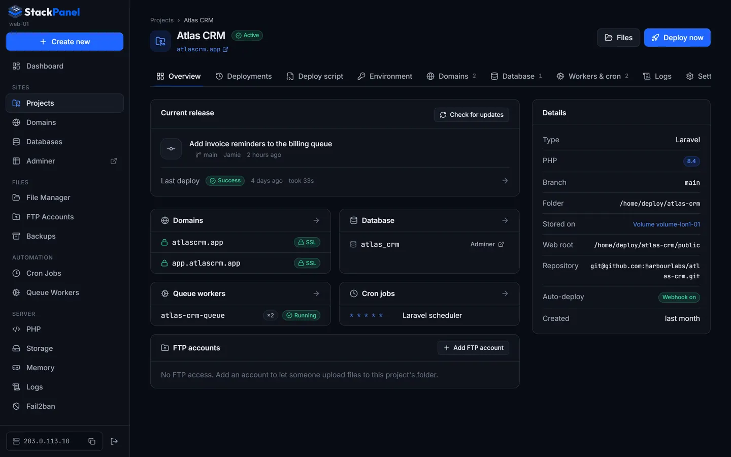 A project's overview: current release, domains, database, workers and cron