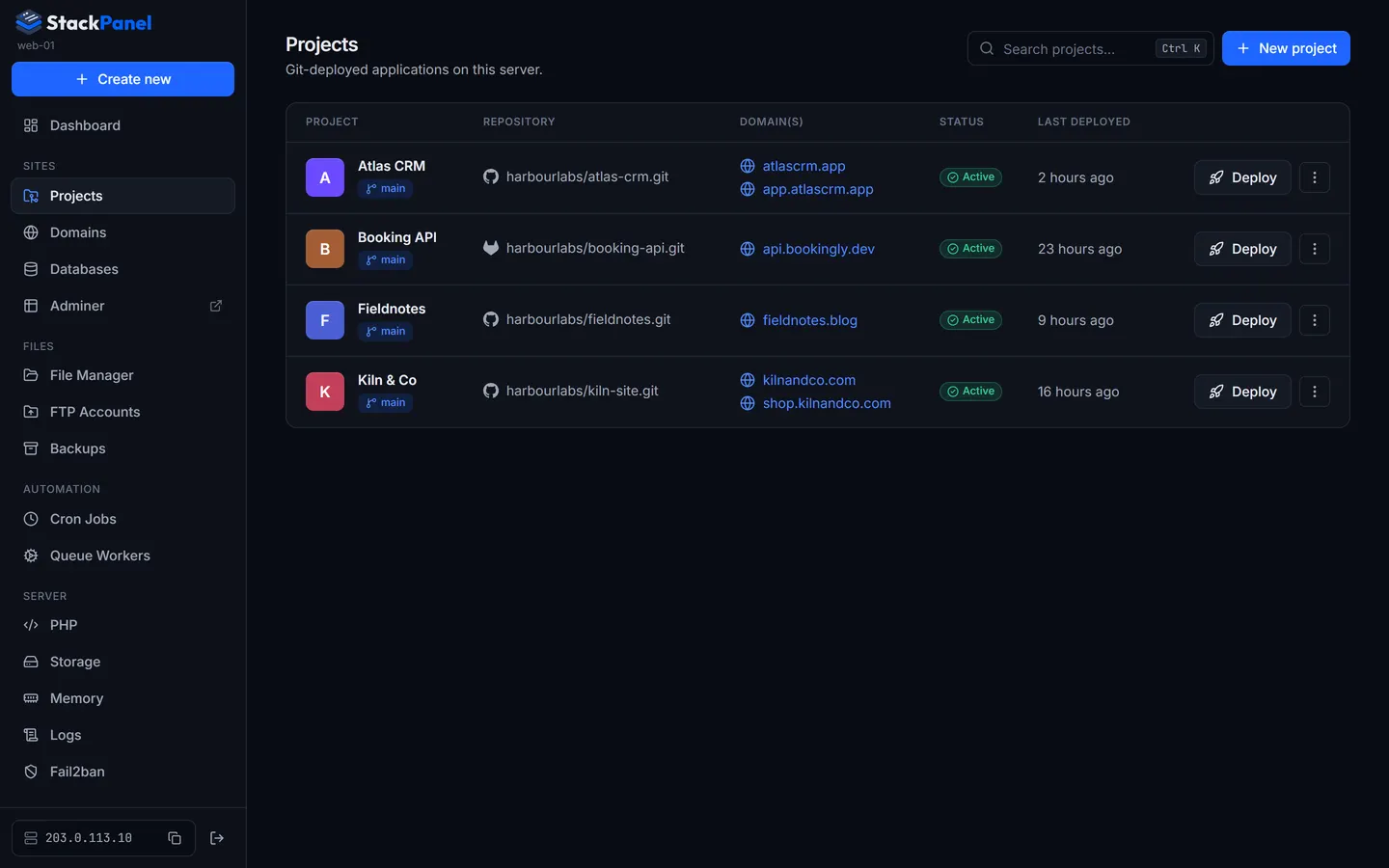 Projects: repository, domains, status and last deploy for every project